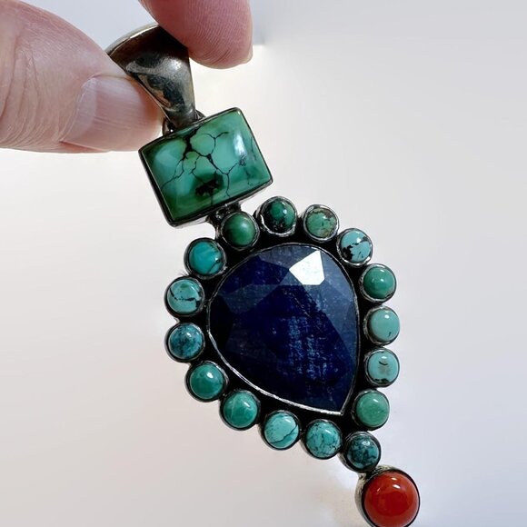 Lapis Pendant, Turquoise, Sterling Silver, Coral, Vintage, Large, 3 1/3" Long - Picture 3 of 5
